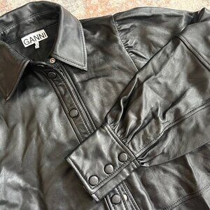 Ganni lamb leather oversized puff sleeved shirt